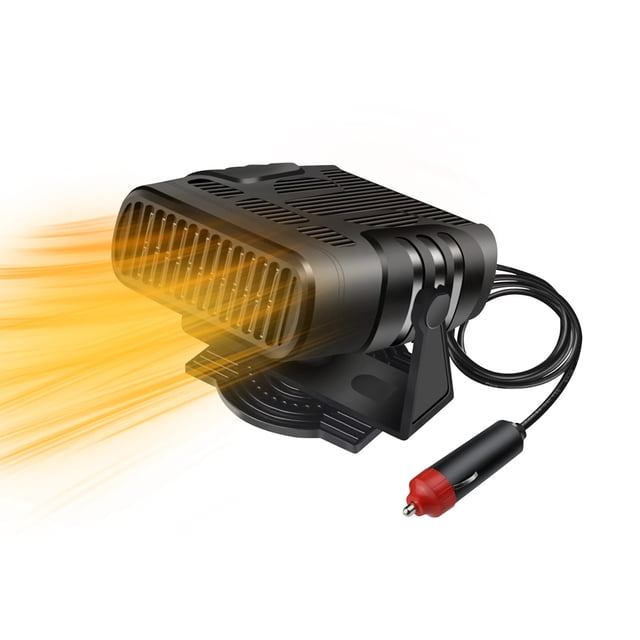 Agiferg Car Heater Defrost Heater, a portable 12V/24V car heater made of ABS material, shown in black with a compact design measuring 10x12x7.2 cm. Features include a 360° rotating base, dual temperature adjustment, and a hollow top for fast defrosting and heating. The heater is equipped with an anti-oxidation alloy heating wire for high heat conversion and durability. Includes a power cord with a red-tipped plug for easy connection.