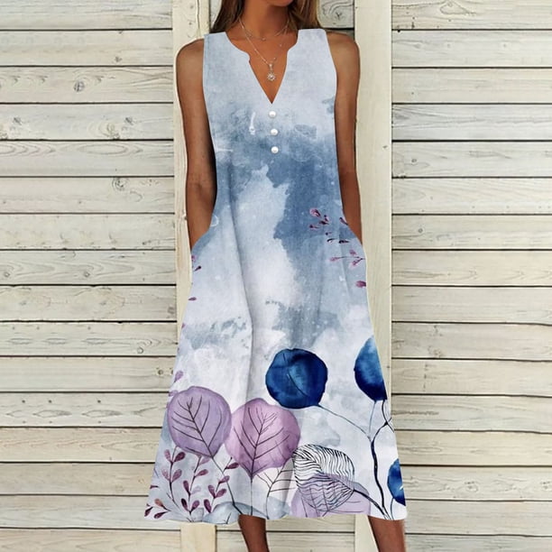 ICHUANYI Clearance Women's Summer Design Casual Dress Gradual Sleeveless Neck V-Neck Long Dress(Gray, L) ICHUANYI WER2023080701624