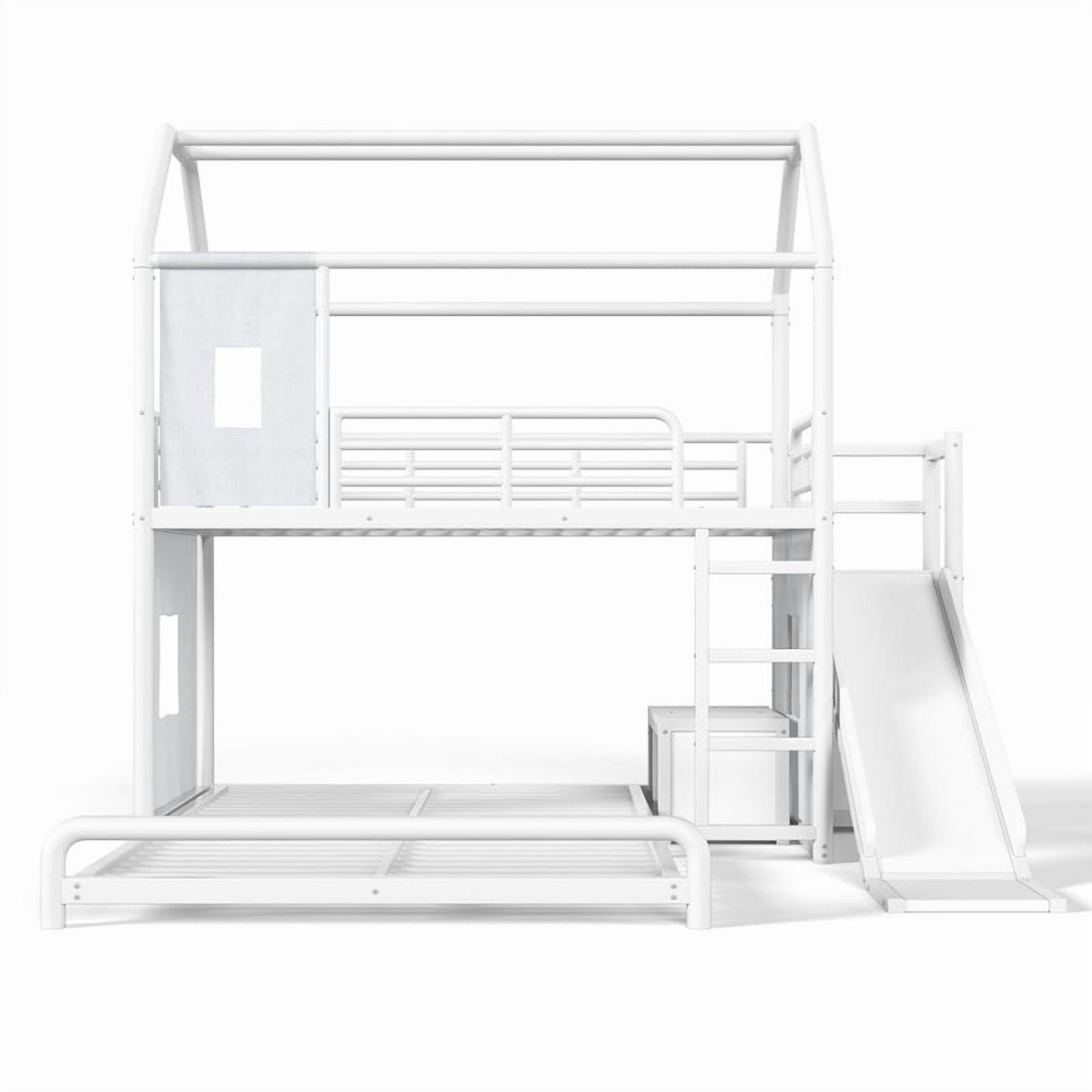Twin over Full Metal Bunk Bed with Slide, Ladder, LED Light Strip, Privacy Curtain, Movable Storage Cabinet & Hanging Rod, House Shaped Kids Bunk Bed