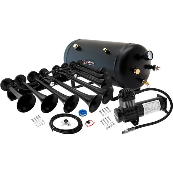 Vixen Horns OCTOPOD Train Horn Kit for Trucks/Car/Semi. Complete Onboard System- 200psi Air Compressor, 5 Gallon Tank, 8 Trumpets. Super Loud dB. Fits Vehicles like Pickup/Jeep/RV 12v VXO8350B/8124XB