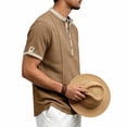 thumbnail image 4 of Timoontee Man Solid Color Casual Short Sleeved Half-buttoned Open And Close Vintage Standing Collar Top Brown S, 4 of 9