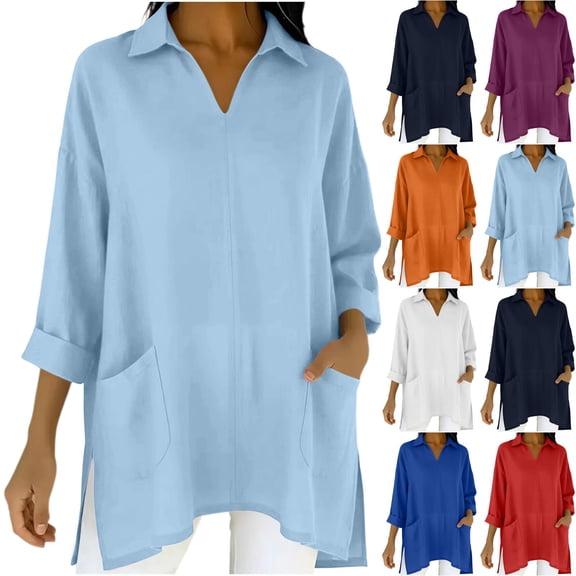 Bixock Women's Maternity Tops Long Sleeve Shirts V Neck Cotton Linen Loose Pregnant Casual Blouse with Pockets Soft Breathable Daily Wear Maternity Clothings