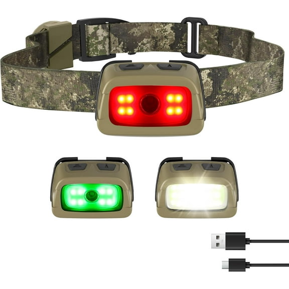 Rechargeable Headlamp - 350 Lumens Head Lamp for Adults, 7 Modes with White/Red/Green Light, 30°Adjable LED Headlight Camping, Running, Hunting, and Hiking