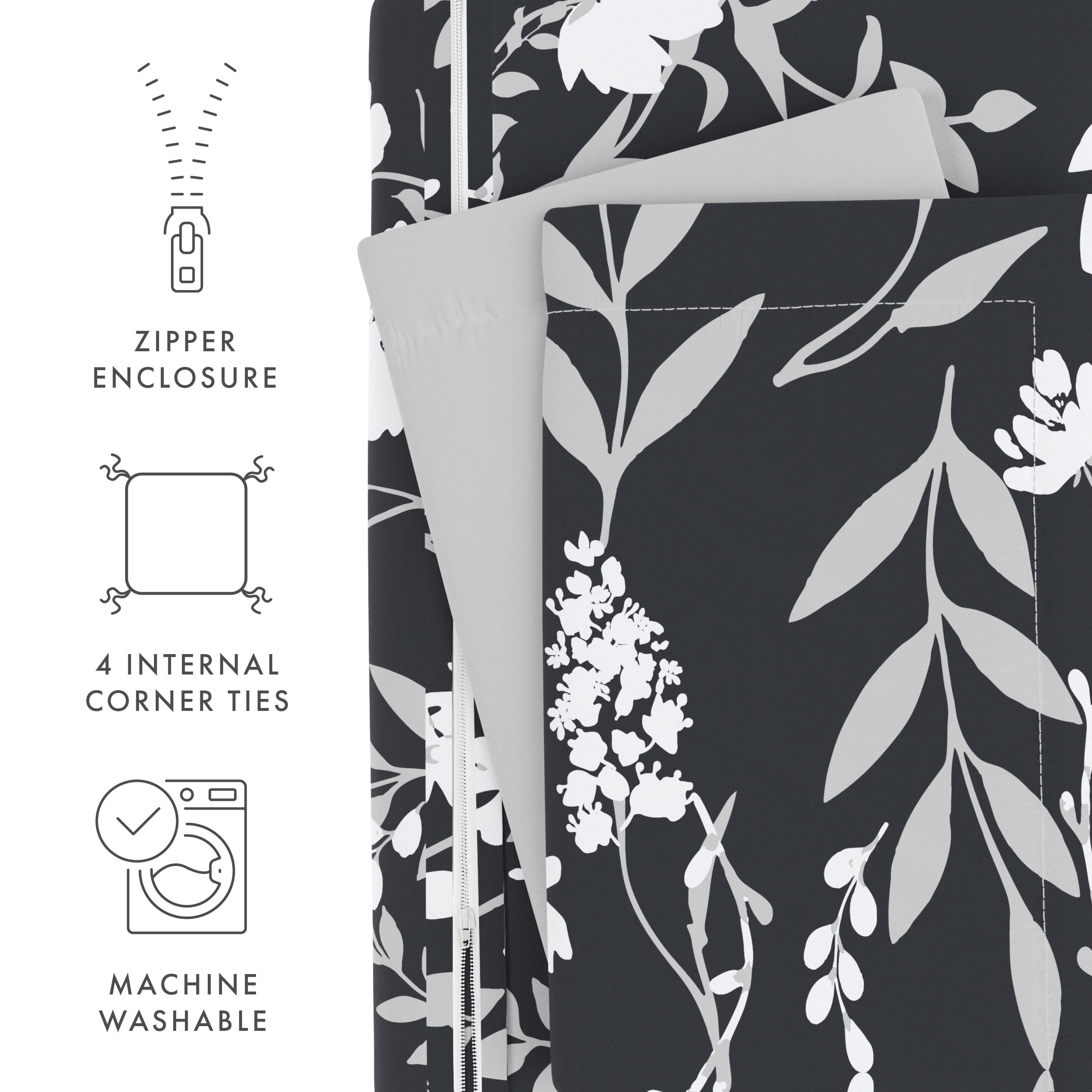 Noble Linens Black Reversible Secret Garden Print 2-Piece Duvet Cover Set, Twin/TwinXL