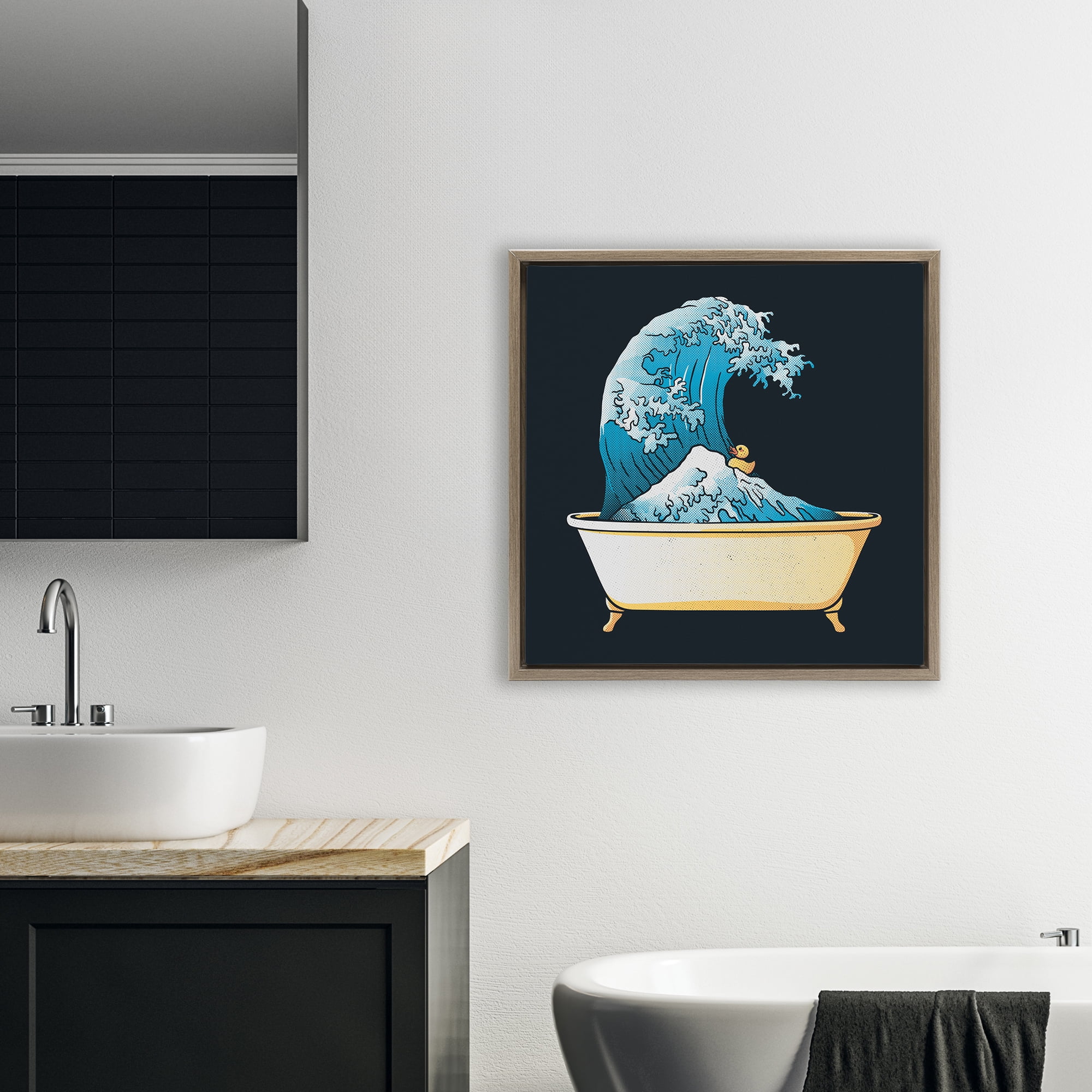 Stupell Industries Bathtub with Kanagawa Wave Brown Framed Floater Canvas Wall Art, design by Tobe Fonseca