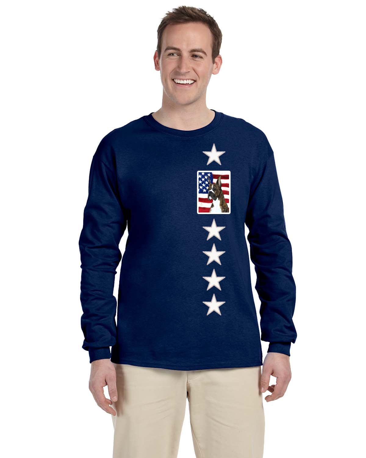 Multicolor L Carolines Treasures SS4035-LS-NAVY-L USA American Flag with Boxer Long Sleeve Blue Unisex Tshirt Adult Large 