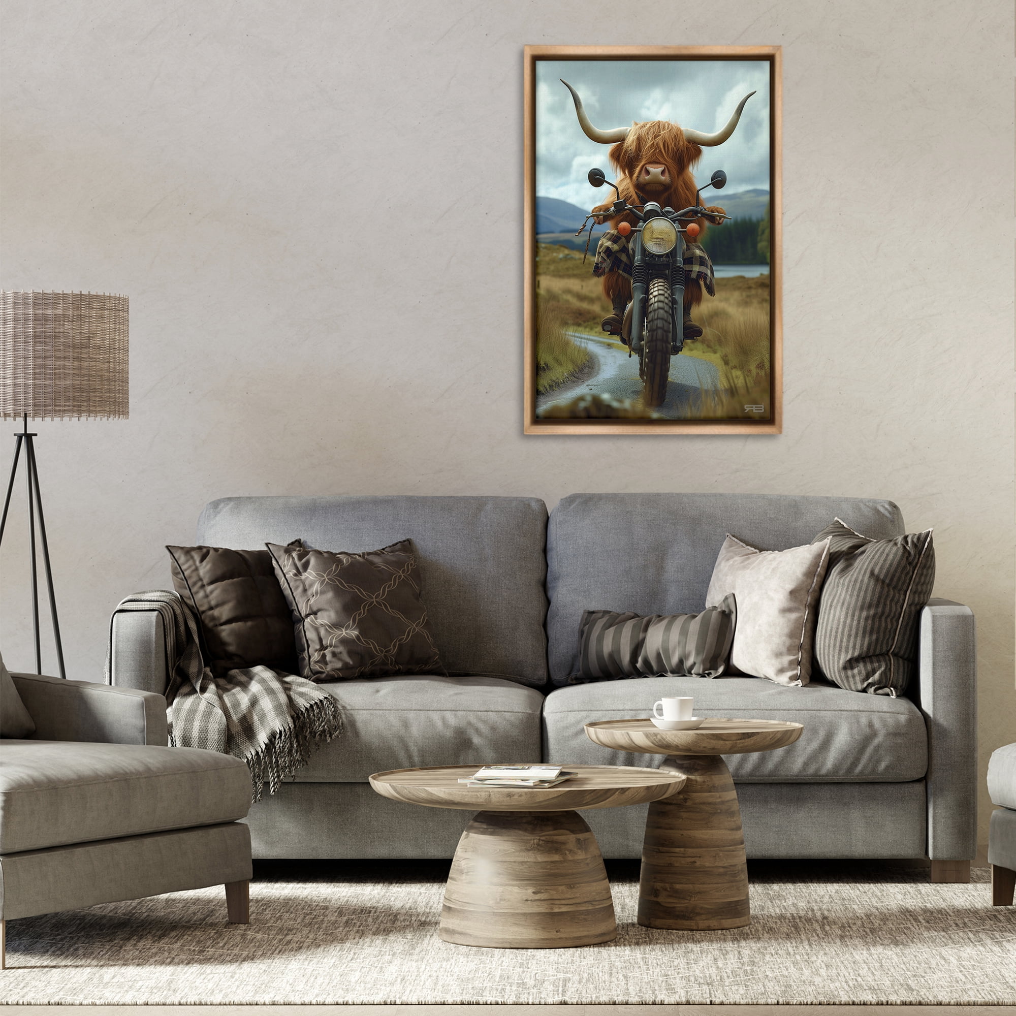 Stupell Industries Motorbike Rural Cattle Animals & Insects Painting Brown Floater Framed Art Print Wall Art, 21 x 31