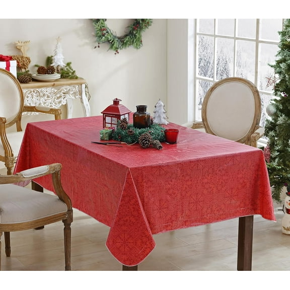 Newbridge Cozy Red Reindeer Damask Christmas Vinyl Flannel Backed Tablecloth, Red Christmas Tree and Reindeer Medallion Holiday Easy Care Xmas Tablecloth, 52" x 52" Square