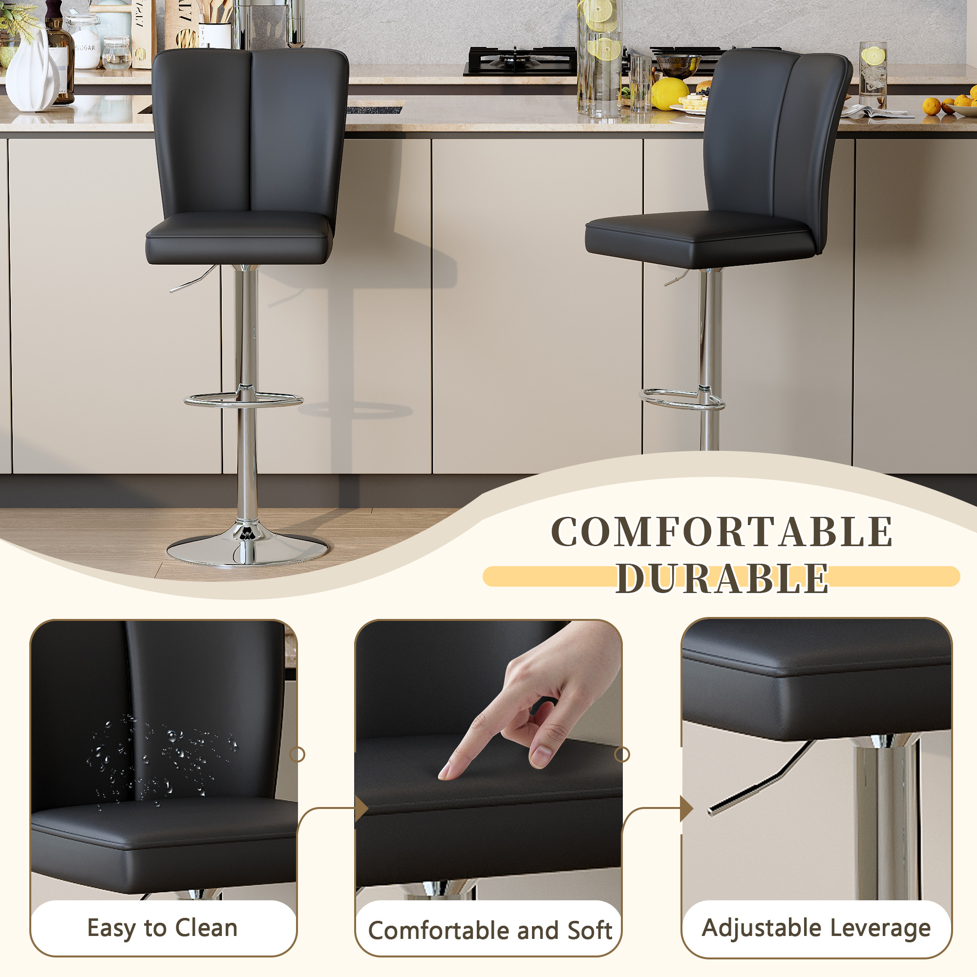 Bar Stool, Adjustable Bar Stool, Swivel Bar Stool&nbsp;Set of 2 with PU Leather Seat and Silver Metal Legs for Kitchen Counter, Home Bar or Cafe, Black and Silver