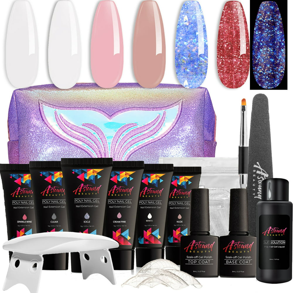 Polygel Nail Kit with LED Lamp, Slip Solution and Glitter, Glow in the ...