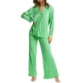 thumbnail image 1 of Liacowi Women Juniors 2Pcs Casual Long Pants Set Button Down Long Sleeve Shirt Blouse Wide Leg Palazzo Pants Streetwear Loungewear, 1 of 7