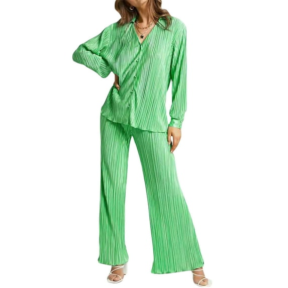 Liacowi Women Juniors 2Pcs Casual Long Pants Set Button Down Long Sleeve Shirt Blouse Wide Leg Palazzo Pants Streetwear Loungewear