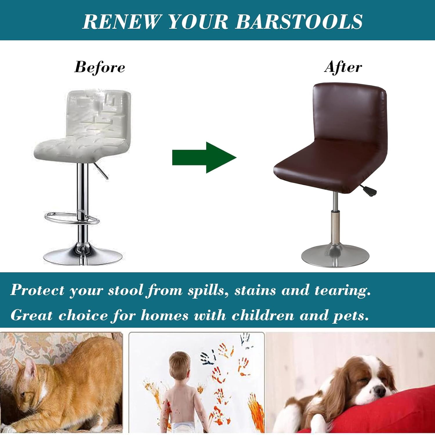 XUELC Waterproof Stretch Bar Stool Covers, 2/4 Pack PU Slipcovers with Back for Low Back Stools