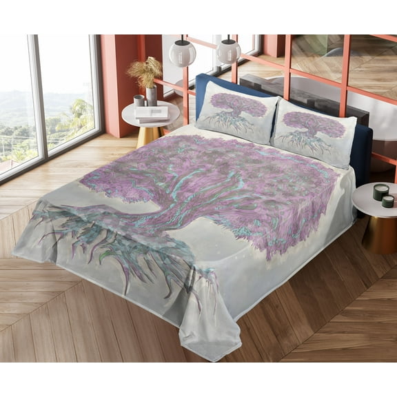 Ambesonne Tree Fitted & Top Sheet Set with Shams, Watercolor Bohemian, Grey Purple