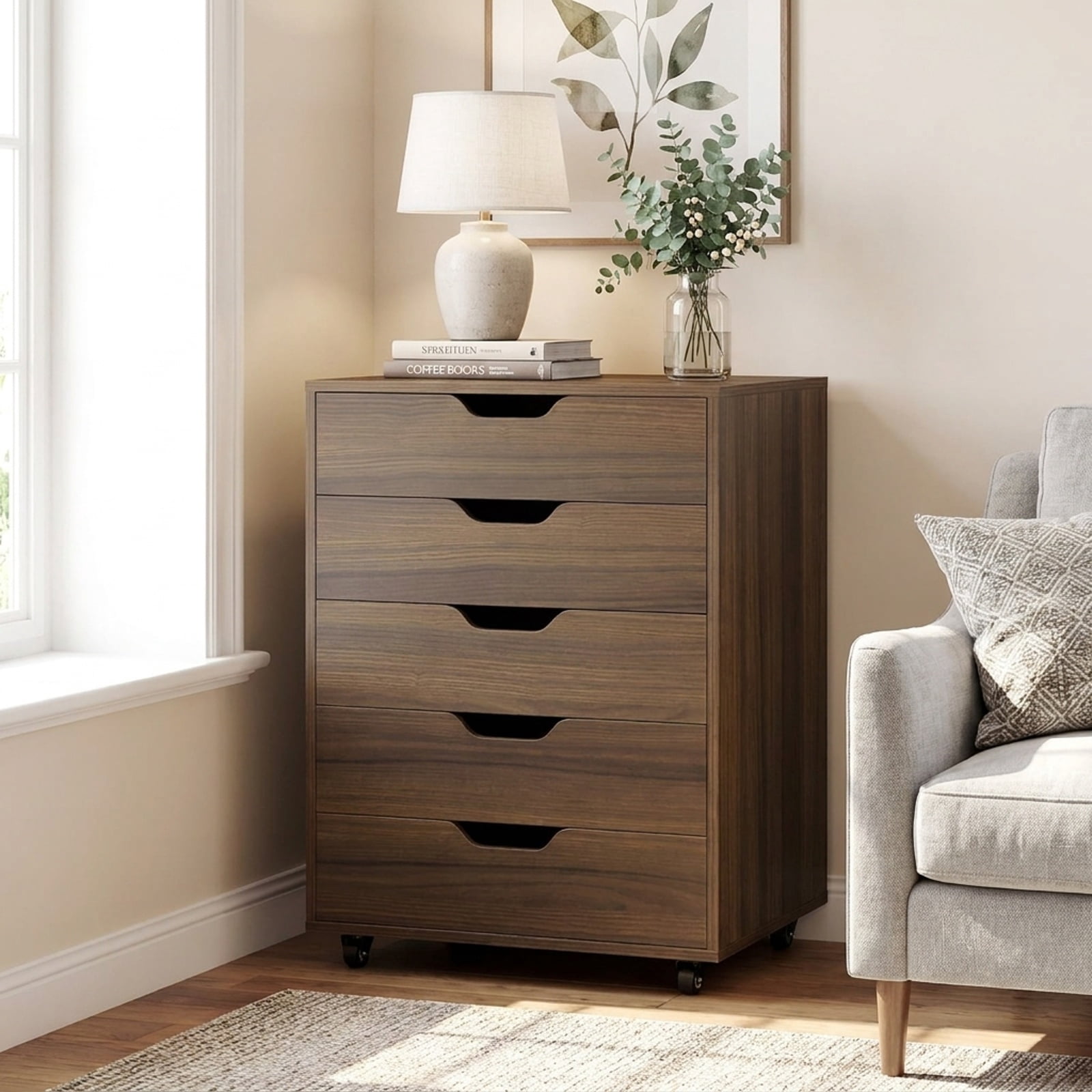 Furnibear 5 Drawer Mobile File Cabinet with Wheels for Living Room for Home Office Filing Document Letter Legal Storage, Walnut