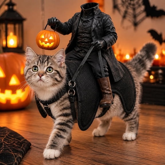Headless Horseman Cat Costume – Spooky 3D Ride-On Illusion Costume for Cats, Realistic Dark Rider Cosplay Outfit, Halloween Pet Costume for Small Dogs Puppies