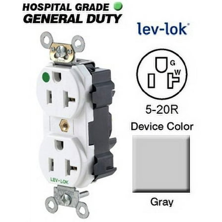 Leviton M8300-HGY 5-20R Lev-Lok Narrow Body Duplex Receptacle Hospital - Gray