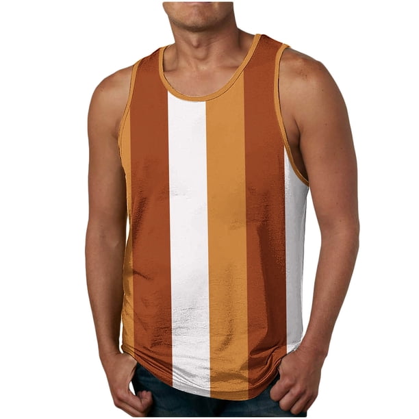 Camiseta sin mangas de cuello redondo para hombre, ropa de ocio, fitness, para el hogar, pijamas, camiseta con estampado de rayas de moda a color, blusa deportiva de poliéster para hombre