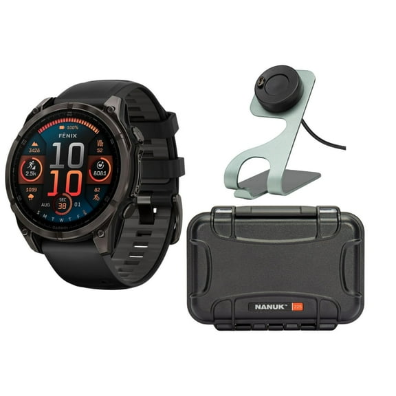 Garmin Fenix 8 AMOLED Sapphire 47mm GPS Smartwatch (Black and Pebble Gray) Bundle with Waterproof Hard Case and Charger Stand (3 Items)