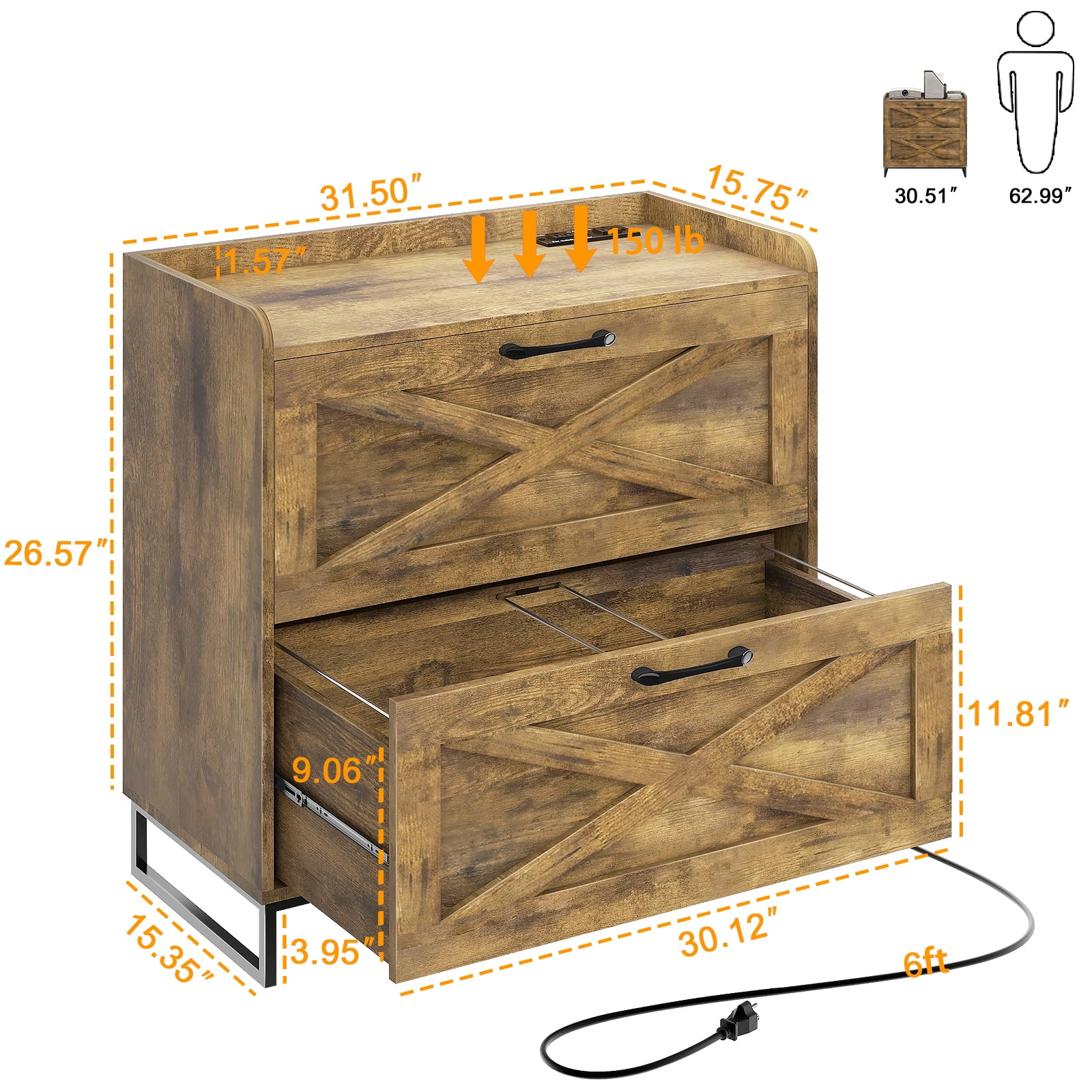 Lateral File Cabinet 2 Drawer File Cabinet with Charging Station for Legal/Letter/A4 Size Hanging Files, Large Wood File Storage Cabinets Printer Stand for Home Office Furniture, Rustic Brown