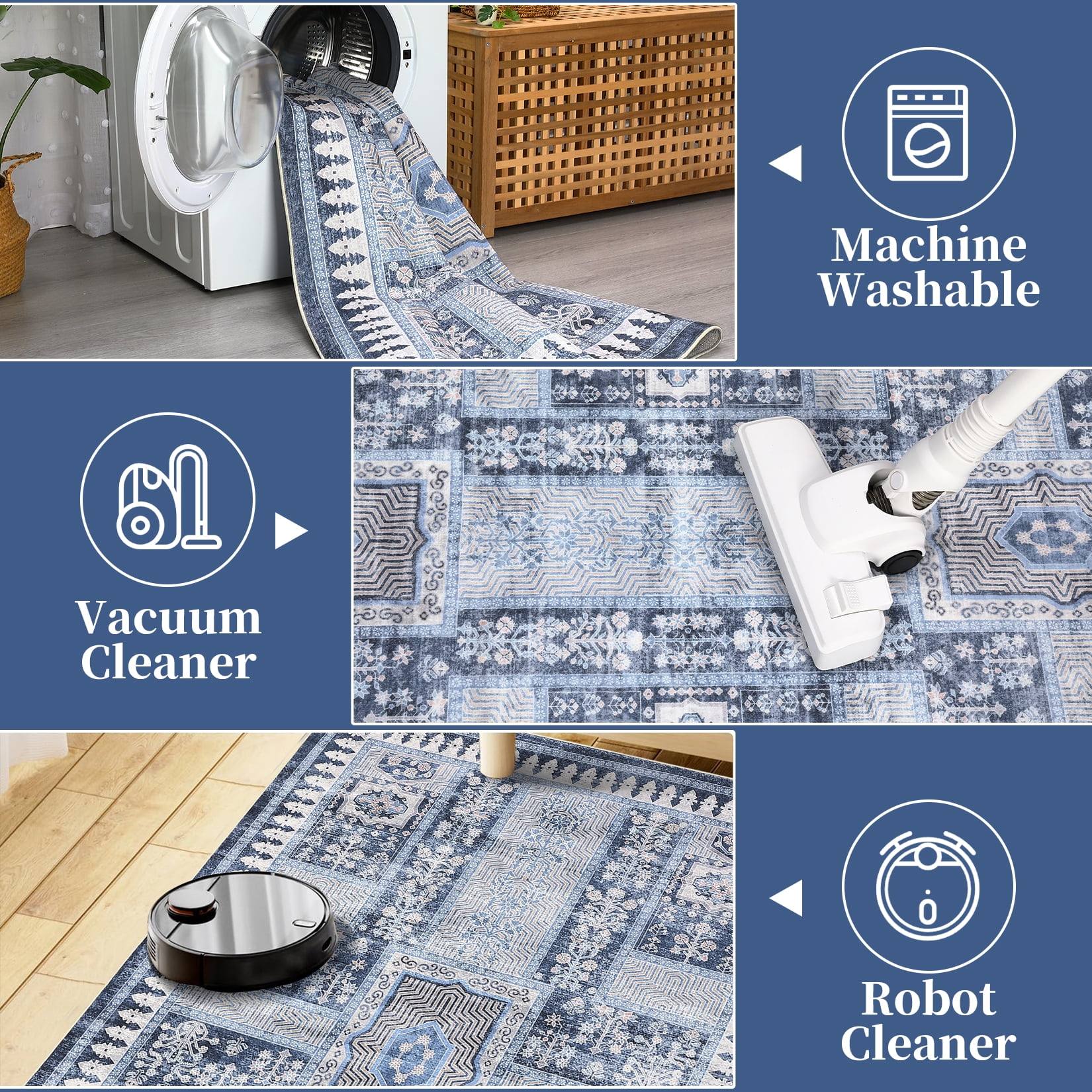 HOMERRY 8' x 10' Washable Bedroom Carpet Floral Geometric Area Rug for Dining Room, Blue