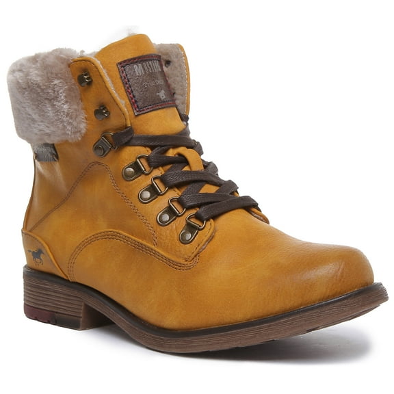 Mustang 1295-609 Women's Lace Up Casual Ankle Boots With Fleece Lining In Yellow Size 6