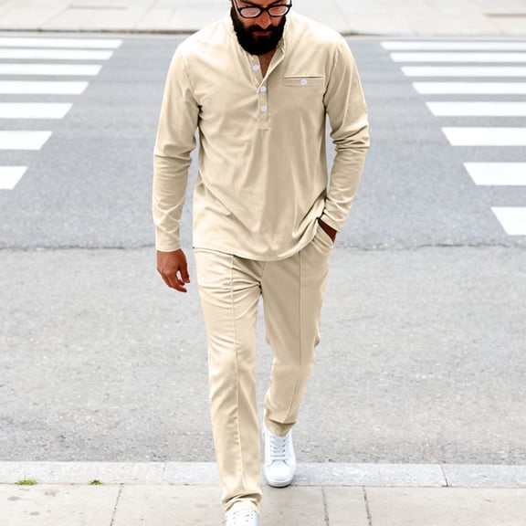Gamivast Casual Mens 2 Piece Set Long Sleeve Henley Shirt and Drawstring Pants Soft Piping Detail Outfit for Daily Lounge Home Relaxed Athletic Wear