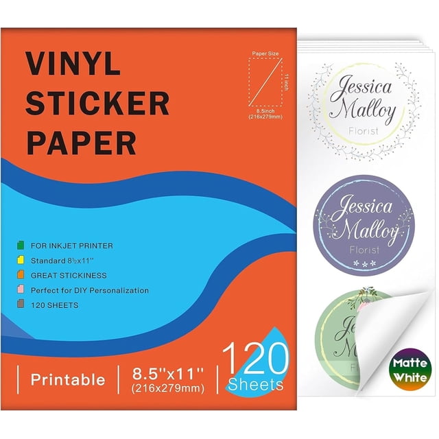 SHIQI-120 Sheets Premium Printable Vinyl Sticker Paper for Inkjet and Laser Printers Matte White 8.5x11 Inch Waterproof & Vibrant Colours Retains Ink Well Tear Resistant Great for Cutting Machines
