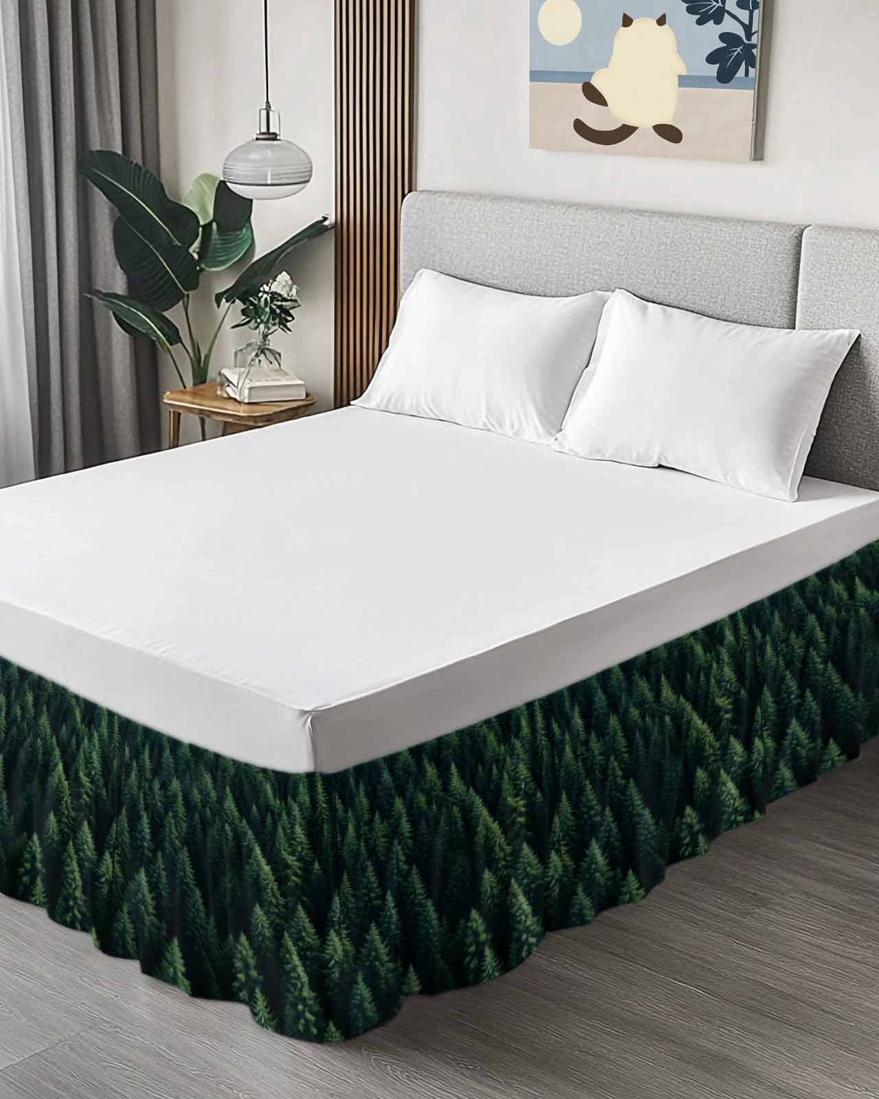 Green Forest Wrap Around Bed Skirts for Queen Bed 16" Drop, Bed Skirt with Adjustable Elastic Belt Dust Ruffle Bed Valance for Bedroom Hotel Luxury Modern Pine Trees Mysterious Art Bed Frame Cover
