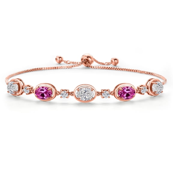 Gem Stone King 18K Rose Gold Plated Silver White Lab Grown Diamond and Pink Created Sapphire Bracelet for Women | 3.90 Cttw | Gemstone April Birthstone | Oval 7X5MM | Fully Adjustable 9 inch