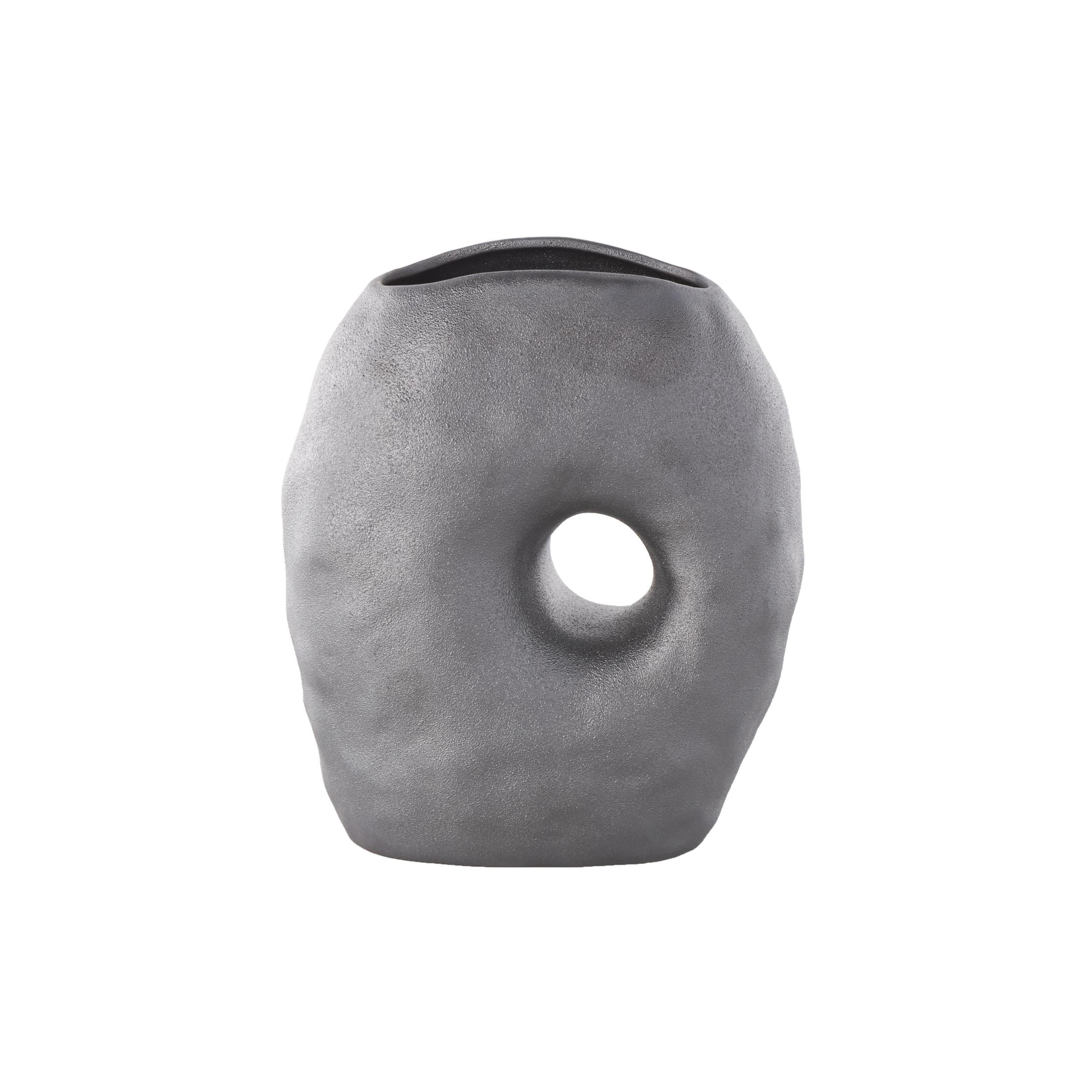 DecMode 12" Abstract Wavy Donut Gray Ceramic Vase with Cutout Center