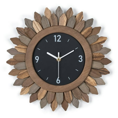 12 In Rustic Wood Boho Sunburst Decorative Wall Clock Silent Non Ticking Farmhouse Small Wall Clocks for Living Room Kitchen Bedroom Decor (Tricolor)