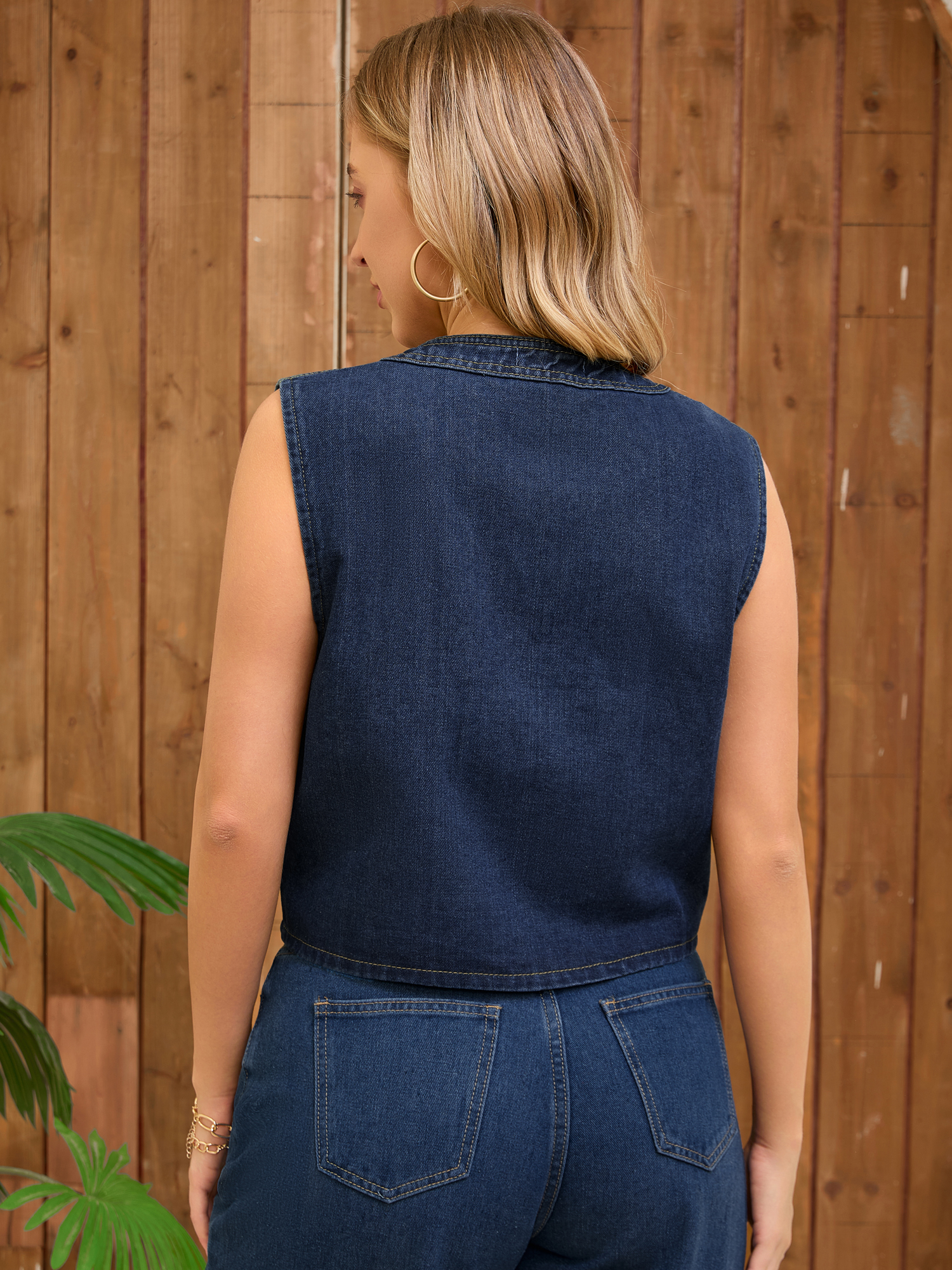 DARING DIVA Women's Sleeveless Denim Vest with Pearl Embellishments M Deep Blue