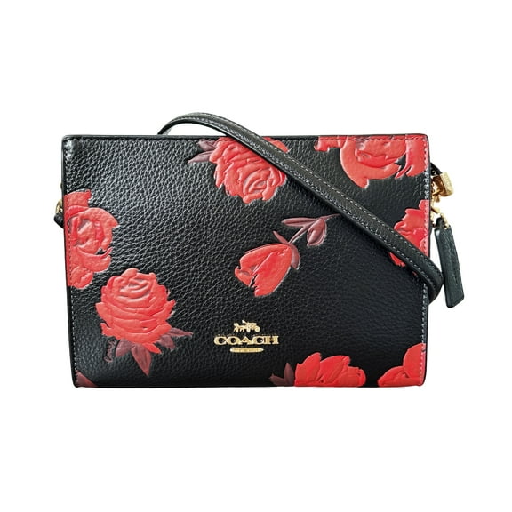 Coach Women’s Small Slim Crossbody Bag in Refined Pebble Leather with Floral Print (Black/Red)