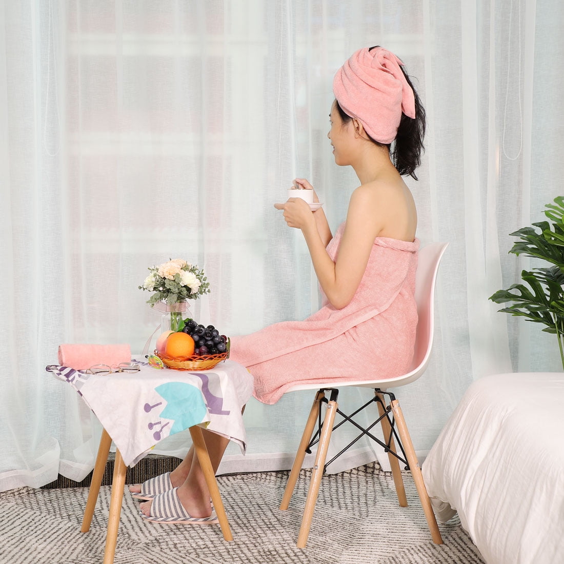 Unique Bargains Soft Absorbent Cotton Plush Bath Towel Set Collection Pink 6 Pieces