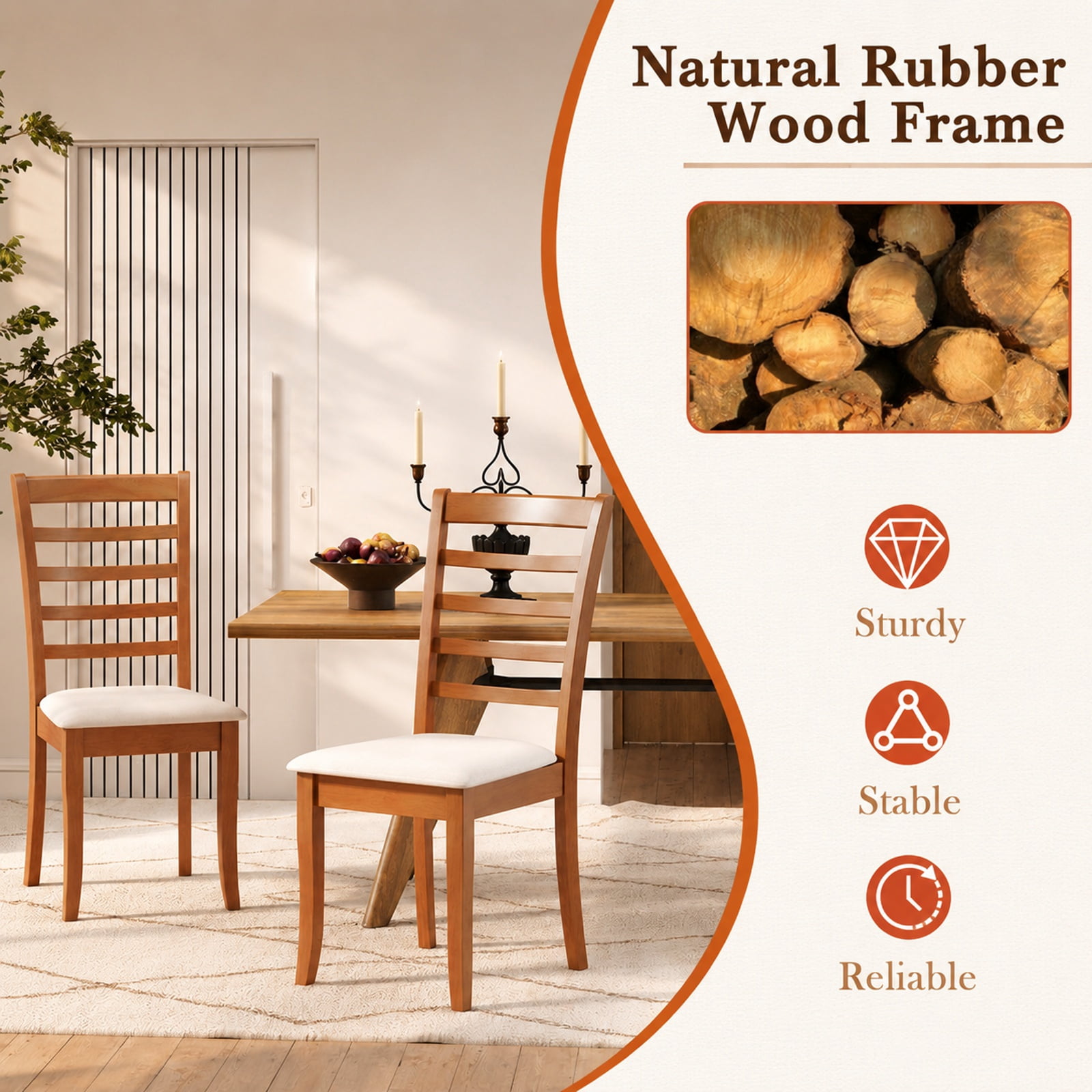 Furnibear Modern Wooden Dining Chairs Set of 2 Upholstered Kitchen Chair with Rubber Wood Frame and Padded Fabric Seat, Beige