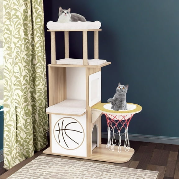 Demi Bonn 47" Cat Tree Tower with Sisal Scratching Posts, Wood Cat Tree House with Hammock, Cat Condo Furniture with Washable Cushions, Beige