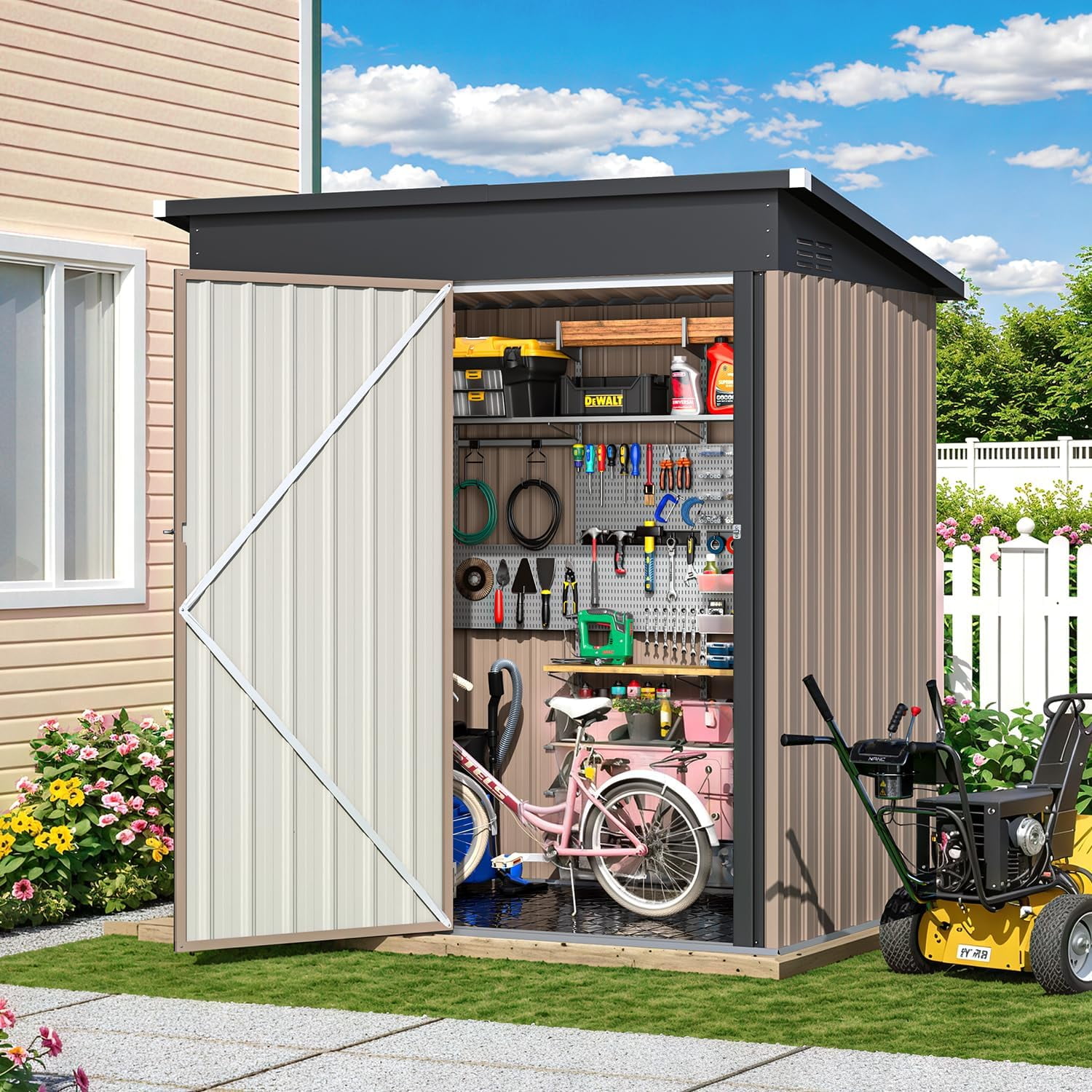 YODOLLA 5 x 3 ft. Outdoor Metal Steel Storage Shed with Floor Base for Backyard, Garden