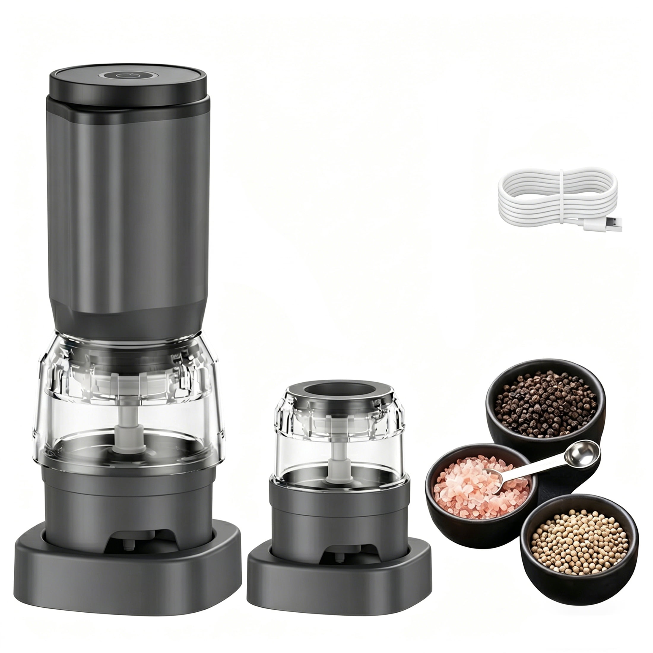 M Buder Electric Salt and Pepper Grinder Set, Rechargeable Automatic Salt Grinder and Pepper Mill with 2 Containers, Adjustable Coarseness, Gray