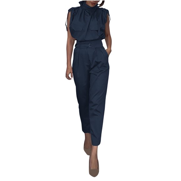 Women's Cargo Outfits 2 Piece Sets, Stand-Up Collar Sleeveless Tops Capria Pants with Pockets 2025 Trendy Clothes Suits Outfit for Women Navy M