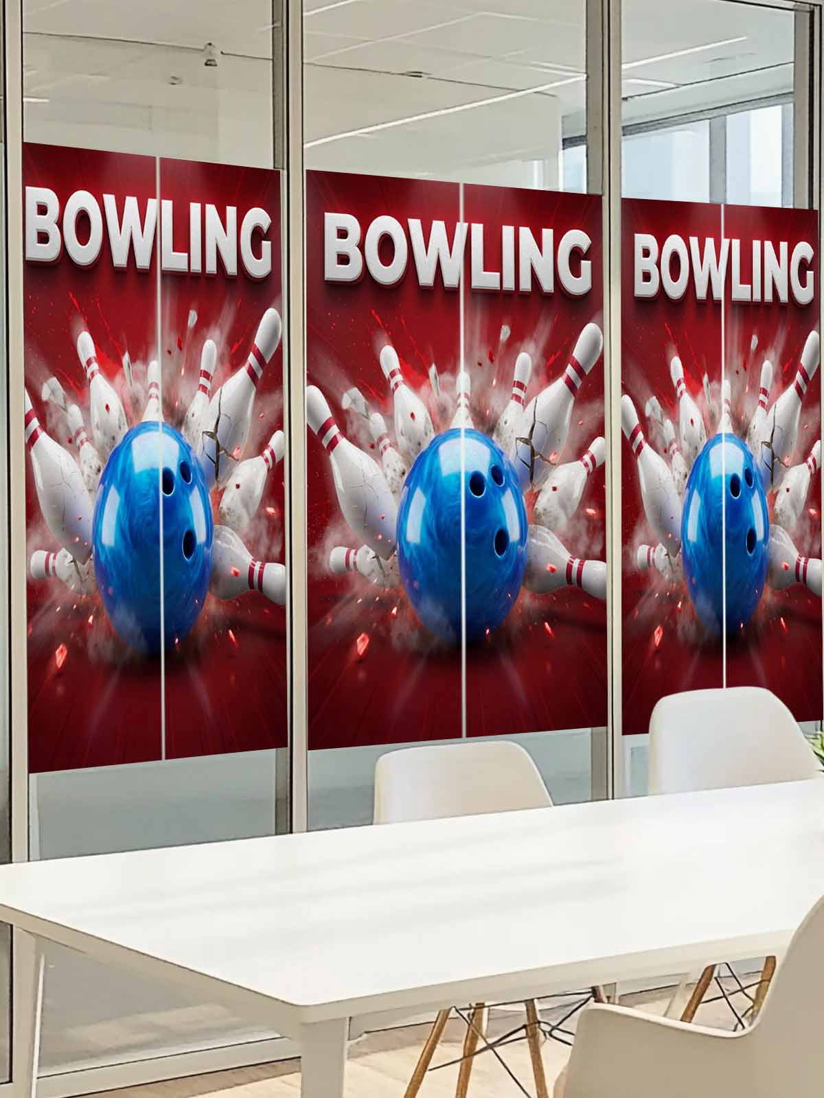 Bowling Window Privacy Film, Vintage Bowling Bottles Ball Red Background Frosted Glass Window Clings Static Cling UV Heat Blocking Reusable Door Sticker for Bathroom 29.5 x 118 Inch