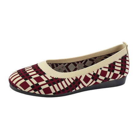 OJSFQUFP Women s Flats Women Large Round Toe Flat Bottom Low Heel Shoes Classic Plaid Casual Shoes Work Flats Office Shoes Shoes for Women Dressy Casual Red 42