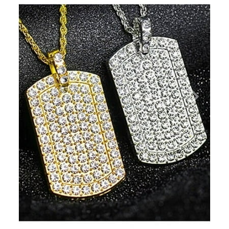 Gold Filled High Polish Finish Men's Pendant Filled Iced Out Micro-Pava Gold Color Charm Square Tag Necklace With Chain