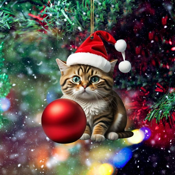 Colgante de gato para árbol de Navidad, acrílico 2D, adorno navideño colgante, divertido adorno navideño con gatos, adorno navideño, joyería para árbol de Navidad.
