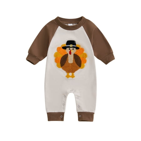 

Licupiee Baby Thanksgiving Romper Turkey Embroidery Long Sleeve Jumpsuit