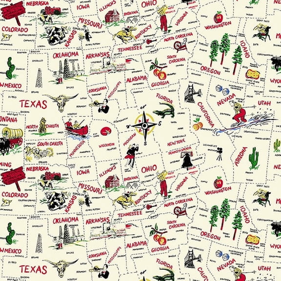 Fabric Tradtions 44" 100% Cotton Novelty States Sewing & Craft Fabric By the Yard, Multi-color