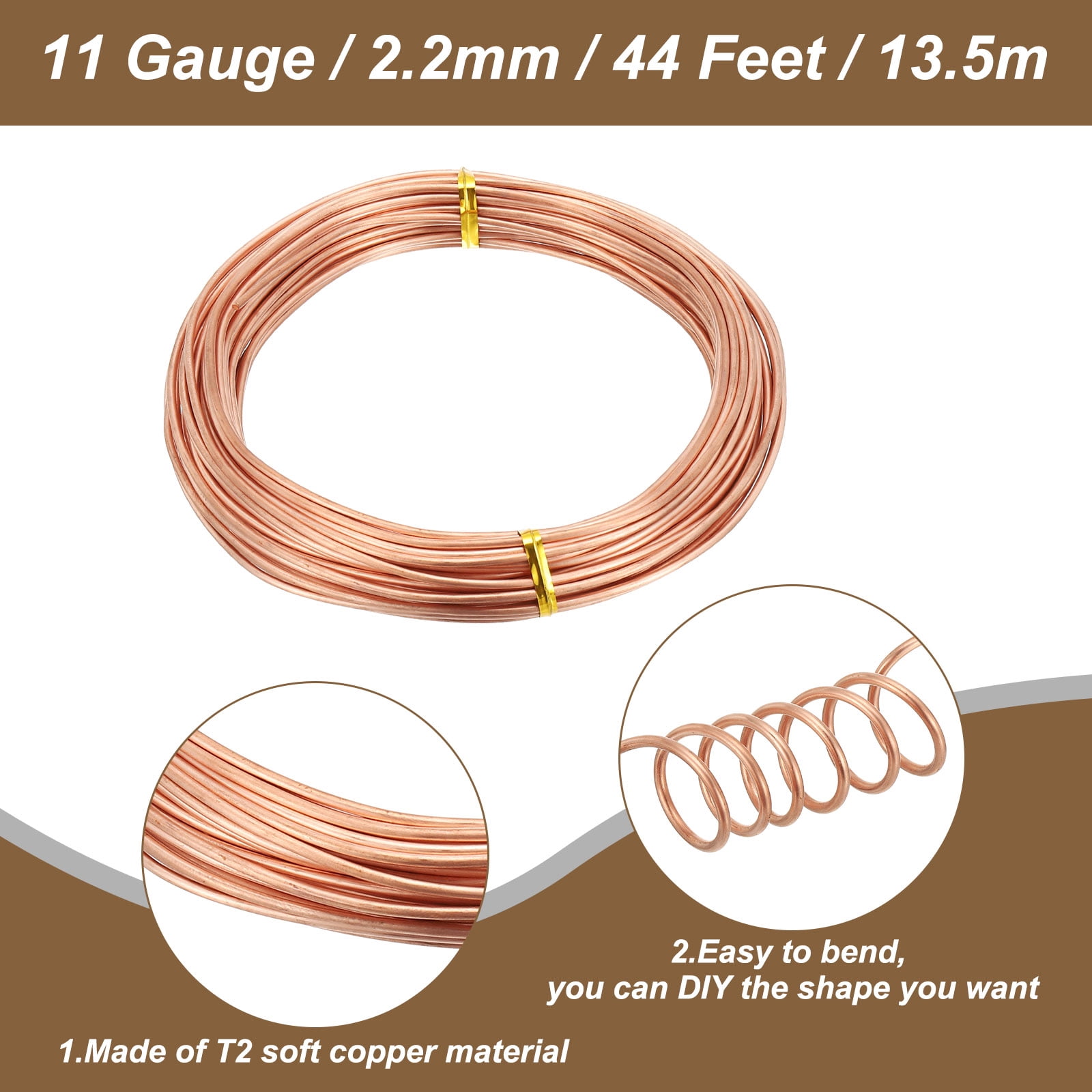 Uxcell 99.9% Soft Copper Wire, 11 Gauge/2.2 mm Diameter 44 Feet/13.5 m 1 Pound