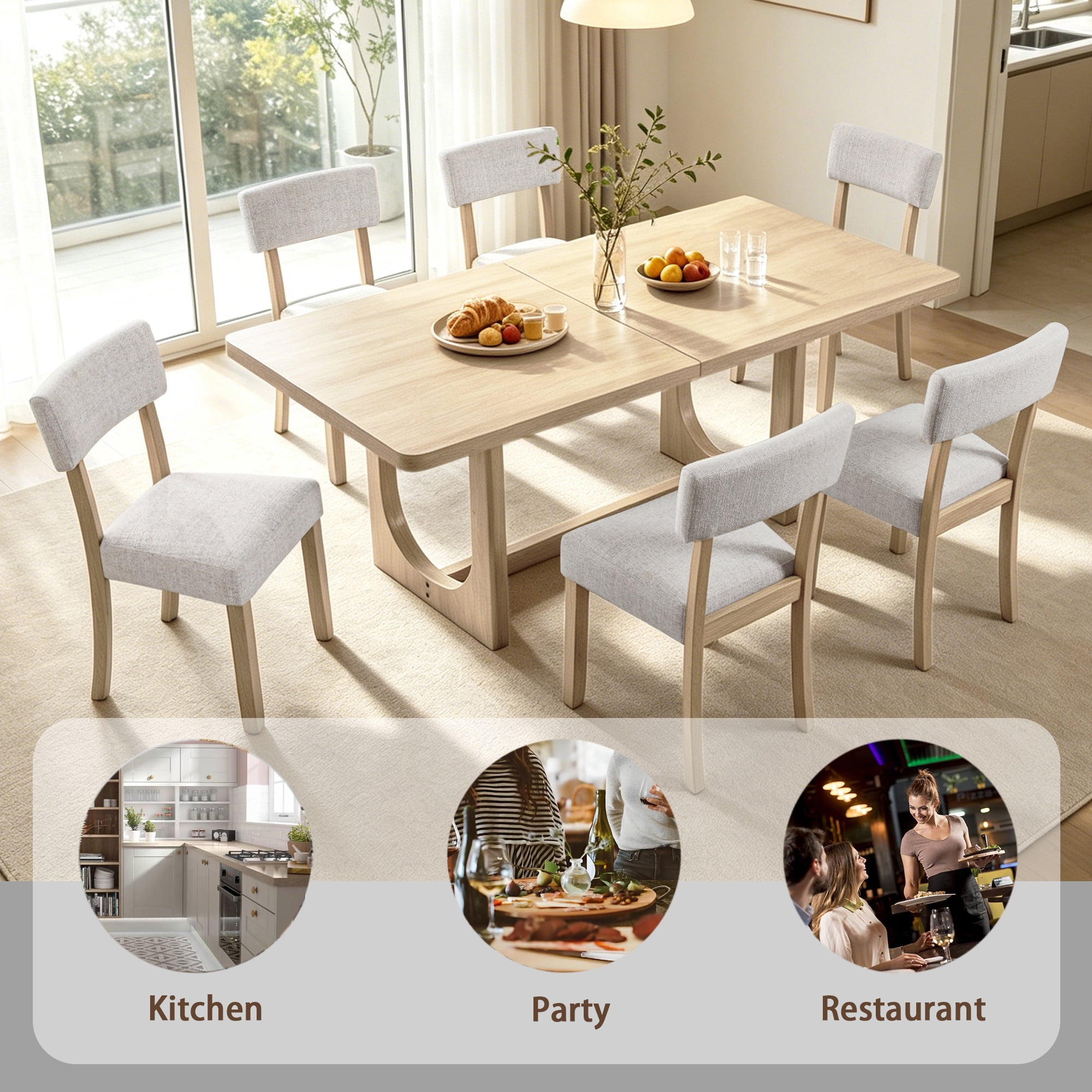 Gewnee 7-Piece Dining Table & Chairs Set for 6,68" U-Shaped Base Rectangular Table with 6 Linen Upholstered Chairs,Farmhouse Kitchen Table Set for Dining Room.Light Oak