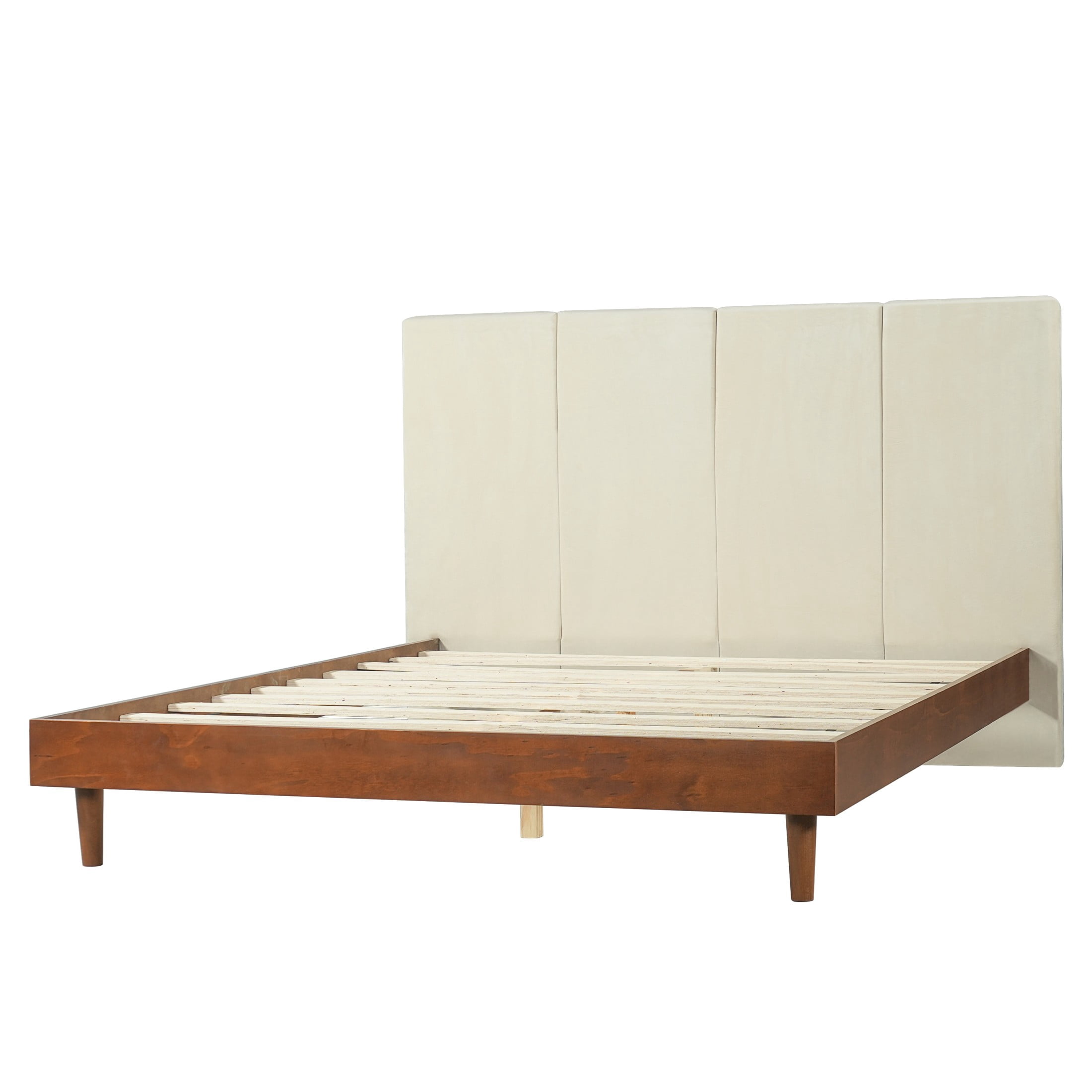 Christopher Knight Home Queen Platform Bed Frame with Channel Upholstered Headboard, Walnut+Beige