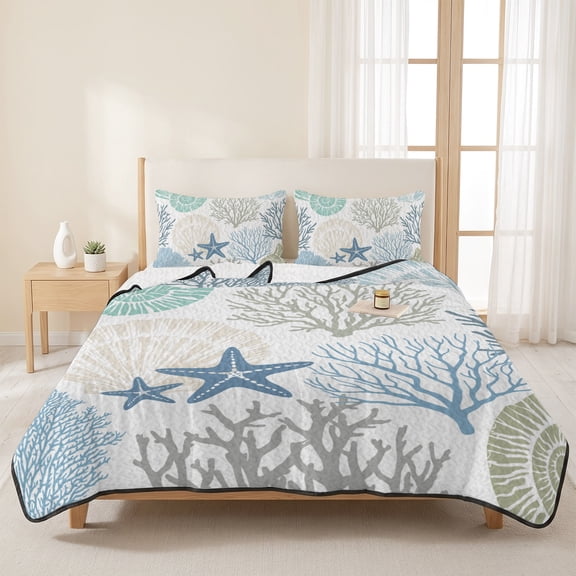 Queen Quilt Set, Blue Ocean Shells Coral Lightweight Quilt Sets Summer Comforter Coverlets with 2 Pillow Shams, Conch Starfish Marine Life Breathable 3 Piece Bedding Set for All Seasons